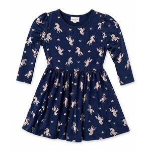 Emma & Elsa Unicorn Dress Girls Blue Glitter Print Long Sleeve Twirl Dress
